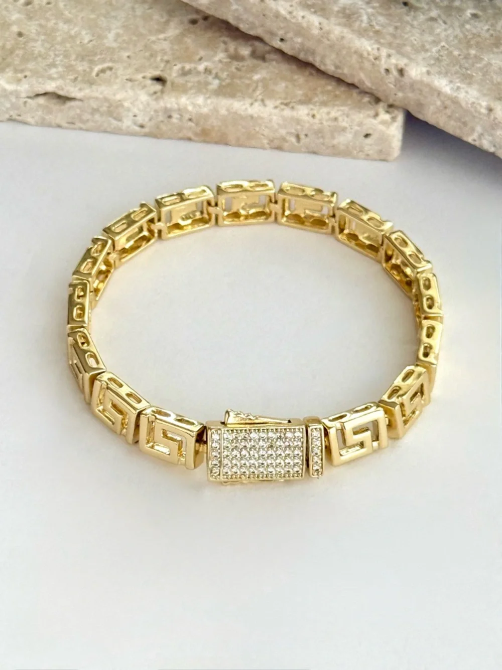 14K Gold Plated Greek Key Link Bracelet with CZ Pavé Box Clasp | Luxury Jewelry